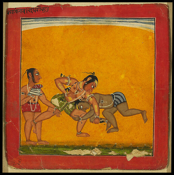 Raga Malava: Royal Wrestlers, Opaque watercolor on paper, India, Basohli or Nurpur 