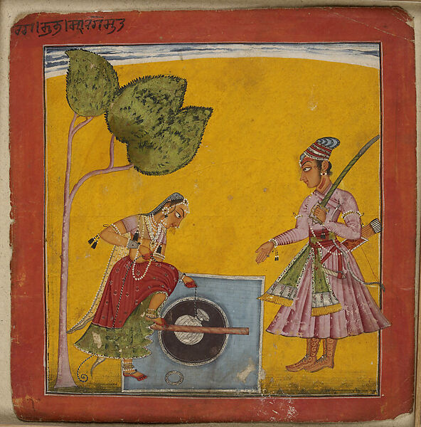 Raga Kumbha: Meeting at a Well, Opaque watercolor on paper, India, Basohli or Nurpur