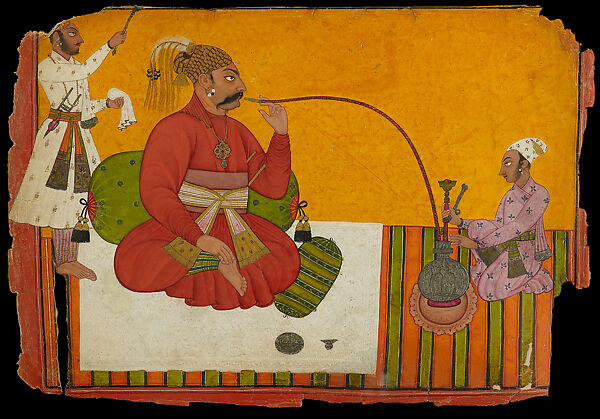 Maharaja Kirpal Pal of Basohli smoking, Opaque watercolor, gold and silver on paper, India, Mankot, Punjab Hills 