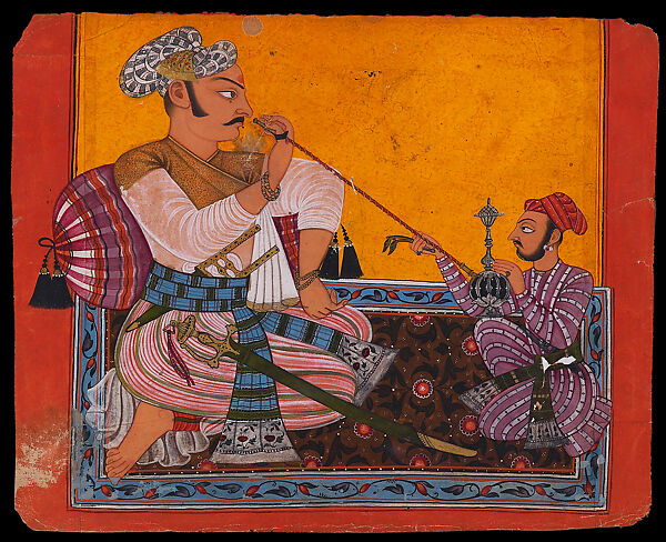 Maharaja Bhupat Pal of Basohli smoking, Opaque watercolor, gold and silver on paper, India, Mankot, Himachal Pradesh