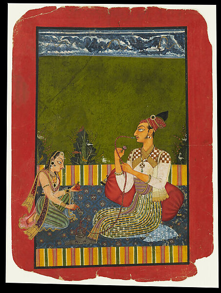 Maharaja Medini Pal Smoking a Hookah, Opaque watercolor, gold, silver, and beetle-wing cases on paper, India, Himchal Pradesh, Basohli 