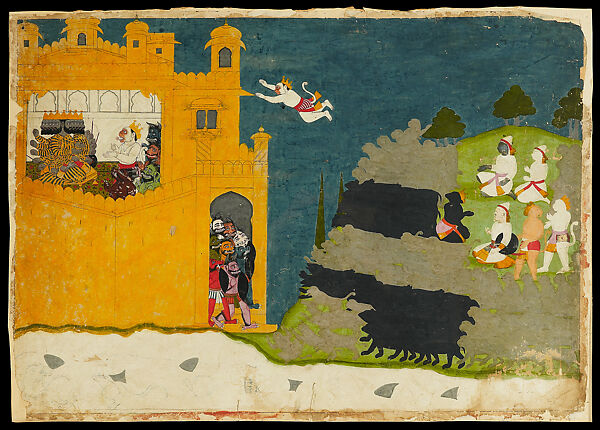 The Monkey Prince Angada delivers Rama’s message to Ravana;  folio from the Siege of Lanka series, Manaku (Indian, active ca. 1725–60), Opaque watercolor and gold on paper, India, Himachal Pradesh, Guler 