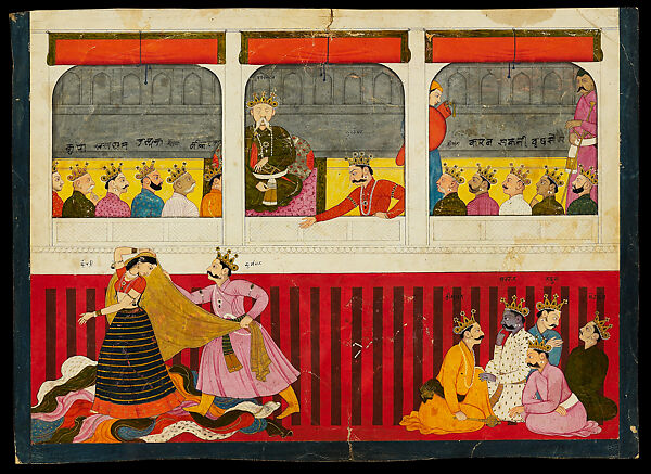 The Disrobing of Draupadi, Attributed to Nainsukh (active ca. 1735–78), Opaque watercolor and gold on paper, India, Himachal Pradesh, Guler 