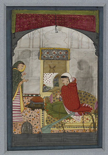 A Woman in an Interior, Opaque watercolor with gold and silver on paper, India, Himachal Pradesh, Kangra