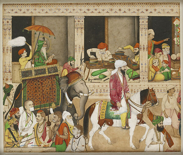 Maharaja Ranjit Singh in a Bazaar, Opaque watercolor on paper, India, Punjab, Lahore