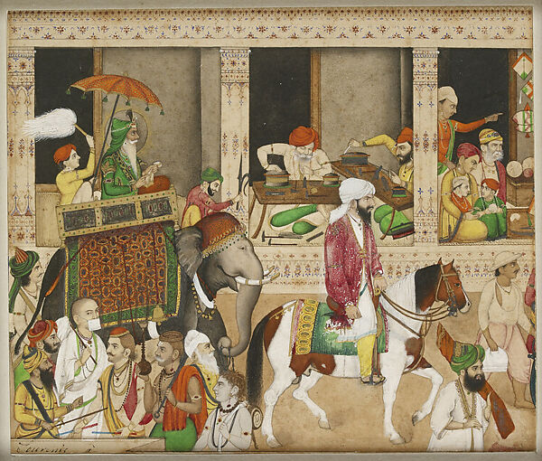 Maharaja Ranjit Singh in a Bazaar, Opaque watercolor on paper, India, Punjab, Lahore 