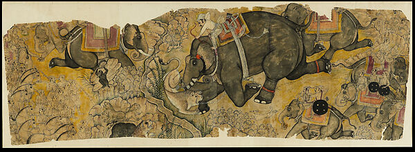 A Royal Lion Hunt, Opaque watercolor, ink and charcoal on paper, India, Rajasthan, Bundi