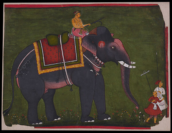 Rao Bhao Singh Riding an Elephant, Opaque watercolor, gold and silver on paper, India, Rajasthan, Bundi