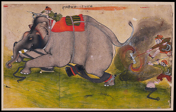 Enraged Elephant during Training, Opaque watercolor, ink and silver on paper, India,  Rajasthan, Kota 