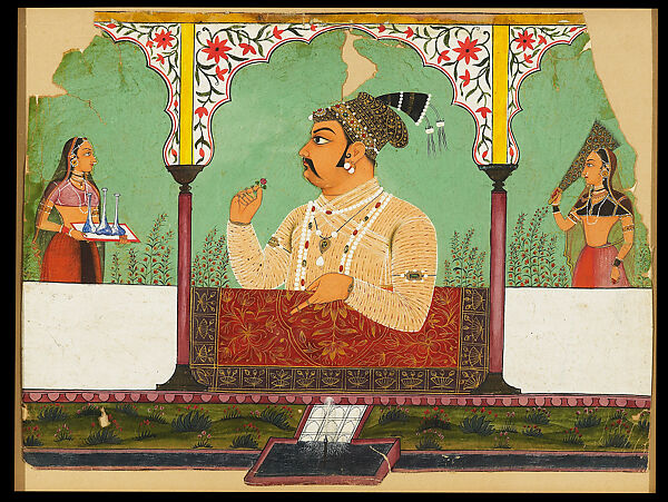 Maharaja Raj Singh in a Garden Arcade, Opaque watercolor, gold and silver on paper, India, Rajasthan, Sawar
