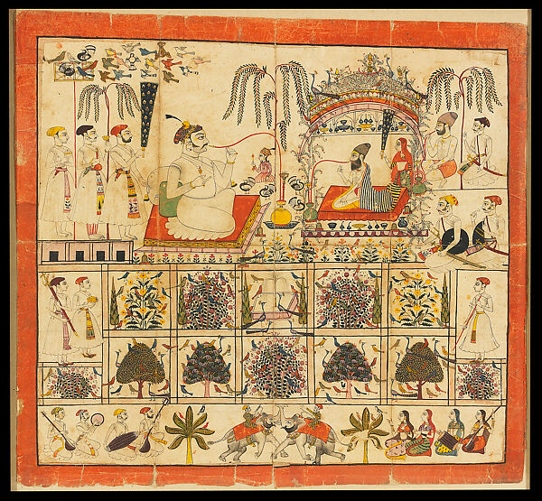 Maharaja Raj Singh Receives a Yogi in a Garden, Opaque watercolor, gold and tin on paper, India, Rajasthan, Sawar