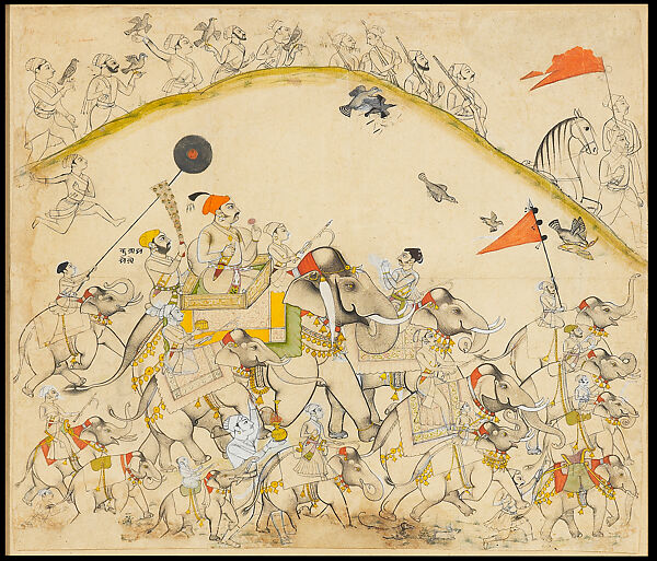 Maharaja Raj Singh and his Elephants, Opaque watercolor, ink and charcoal on paper, India, Rajasthan, Sawar