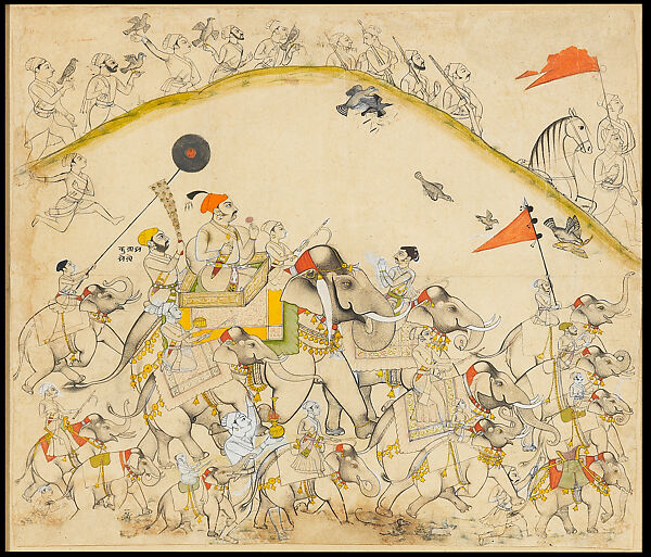 Maharaja Raj Singh and his Elephants, Opaque watercolor, ink and charcoal on paper, India, Rajasthan, Sawar 