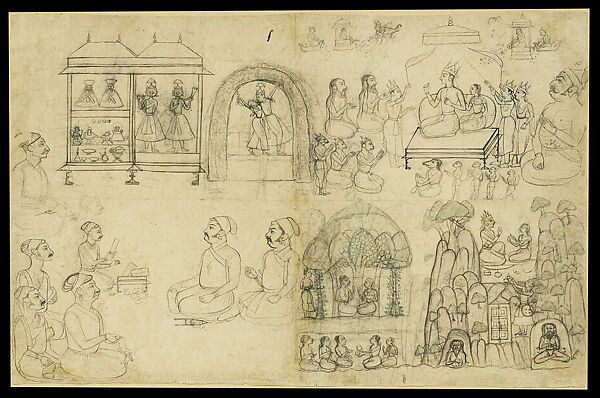 Page of Sketches and Figure Studies, Brush drawing on paper with pigment, India, Rajasthan, Sawar