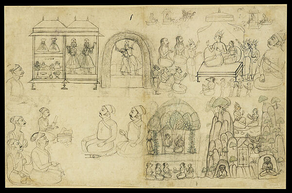 Page of Sketches and Figure Studies, Brush drawing on paper with pigment, India, Rajasthan, Sawar 