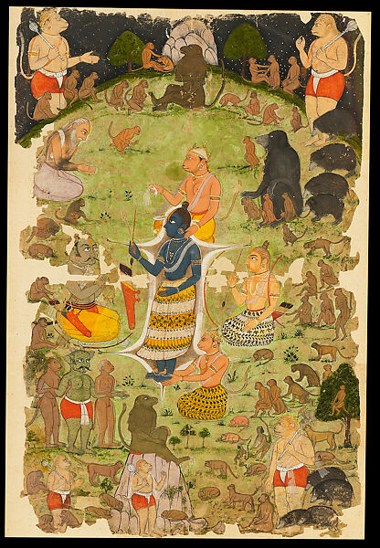 Vibhishana in the Camp of Rama, folio from a Ramayana series, Opaque watercolor and gold on paper, India, Rajasthan, Sawar