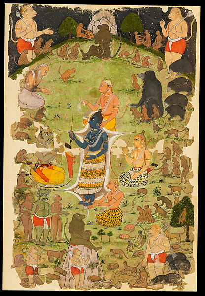 Vibhishana in the Camp of Rama, folio from a Ramayana series, Opaque watercolor and gold on paper, India, Rajasthan, Sawar 