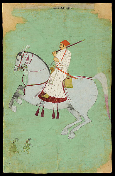 Maharaja Dhiraj Singh Riding, Opaque watercolor and gold on paper, Madhya Pradesh, Raghugarh 