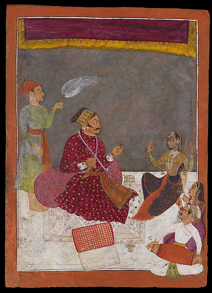 Maharaja Dhiraj Singh Enjoying Evening Entertainment, Opaque watercolor with gold on paper, India, Madhya Pradesh, Raghugarh