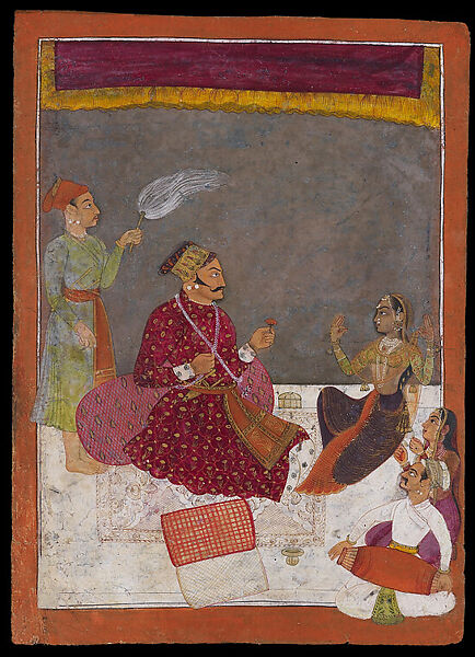 Maharaja Dhiraj Singh Enjoying Evening Entertainment, Opaque watercolor with gold on paper, India, Madhya Pradesh, Raghugarh 