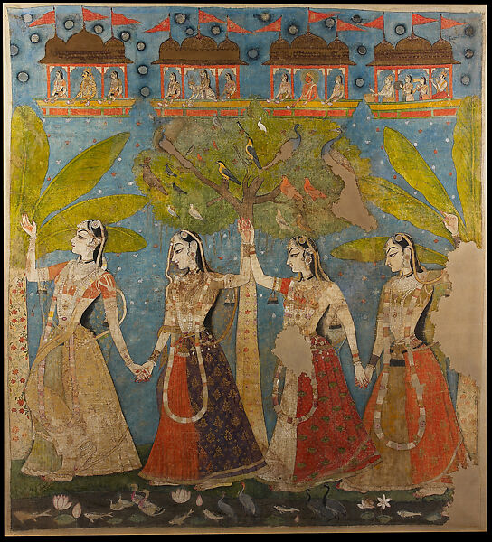 Sarat Purnima, the Autumn Festival: Gopis Dance in the Forest, Opaque watercolor on cotton cloth, India, Rajasthan, Kishangarh