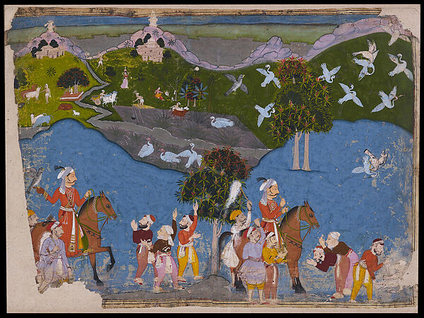 Maharana Amar Singh Hunting Sarus Cranes, Attributed to The Stipple Master (Indian, active ca. 1690–1715), Opaque watercolor, gold and tin on paper, India, Rajasthan, Udaipur 