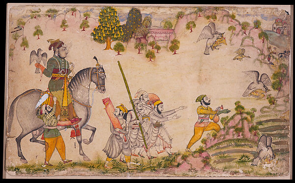 Sangram Singh Hawking, Attributed to The Stipple Master (Indian, active ca. 1690–1715), Opaque watercolor, gold and ink on paper, India, Rajasthan, Udaipur 
