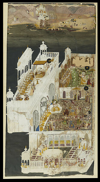 Jagat Singh and his Queens at Jagniwas, Sukha, Opaque watercolor with gold and tin on paper, India, Rajasthan, Udaipur 