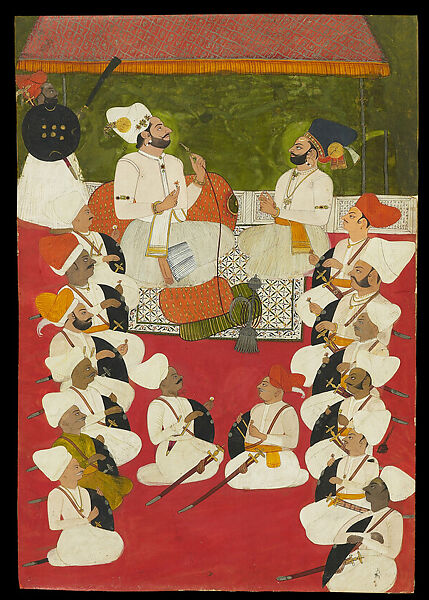 Rathor Noblemen in Durbar, Opaque watercolor with gold on paper, India, Rajasthan, Marwar 