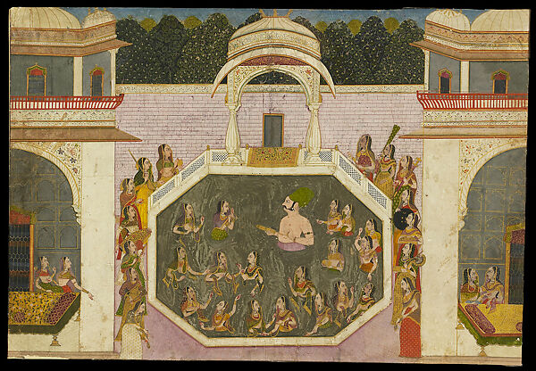 Maharaja Vijai Singh Bathes with a Woman of the Court at Nagaur Palace, Opaque watercolor with gold and silver on paper, India, Rajasthan, Jodhpur
