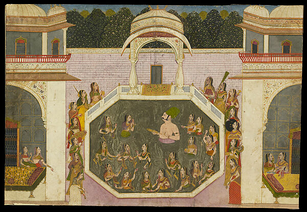 Maharaja Vijai Singh Bathes with a Woman of the Court at Nagaur Palace, Opaque watercolor with gold and silver on paper, India, Rajasthan, Jodhpur 