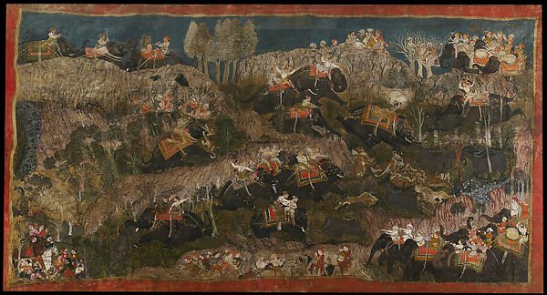 Shri Brijnathji and Maharao Durjan Sal hunting, Opaque watercolor and gold on cotton cloth, India, Rajasthan, Kota