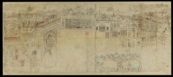 Krishna Returns to Nanda’s House at Dusk, Watercolor, ink and charcoal on paper, India, Rajasthan, Nathdwara