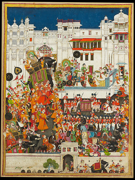 Maharao Ram Singh's Marriage Procession at Udaipur, Opaque watercolor and gold on cotton cloth, India, Rajasthan, Kota