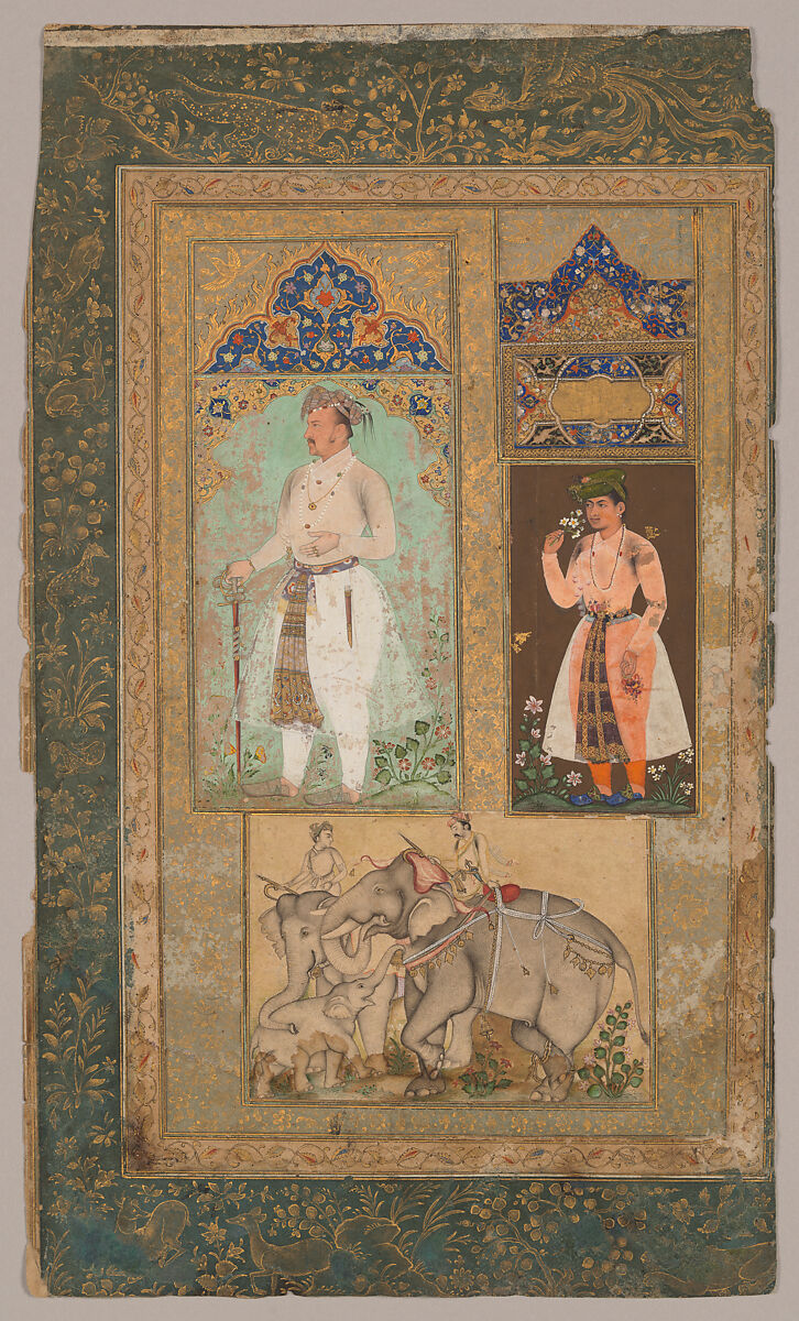 Composite Album Page with Standing Figure of Jahangir, Opaque watercolor, gold silver paint on paper