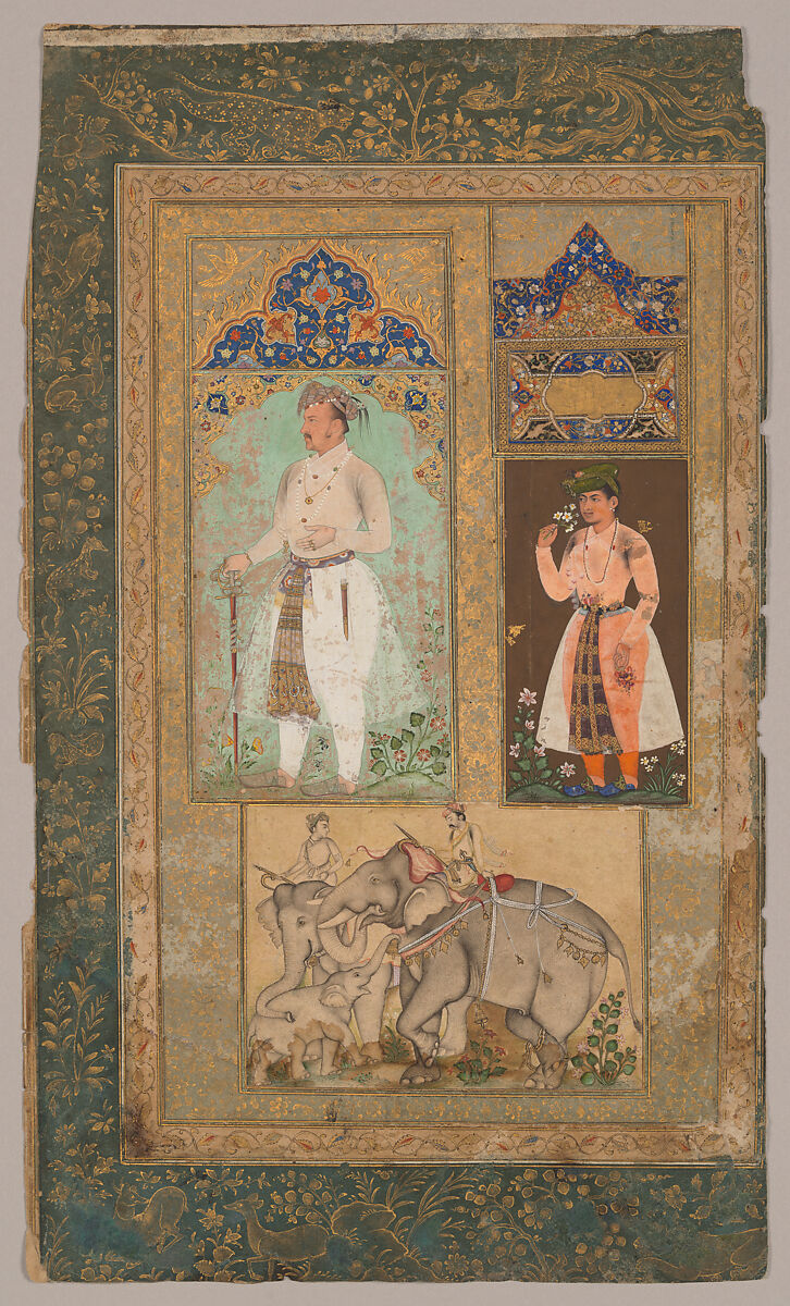 Composite Album Page with Standing Figure of Jahangir, Opaque watercolor, gold silver paint on paper 