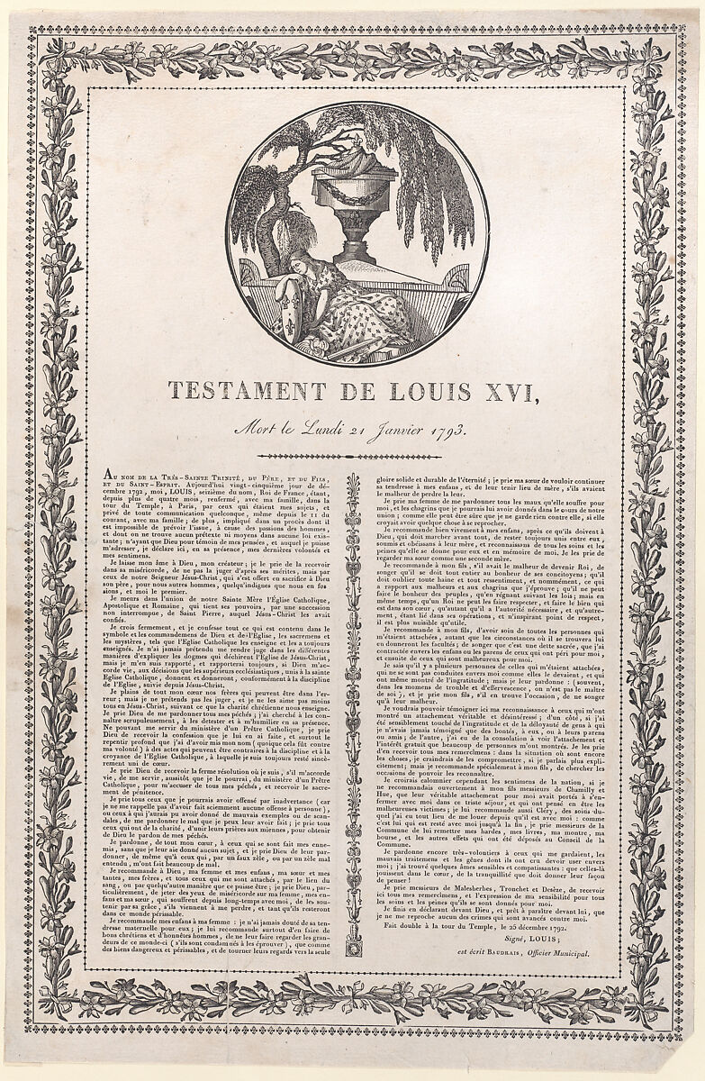 The last words of Louis XVI (Testament de Louis XVI), Anonymous  , French, late 18th century, Wood engraving 
