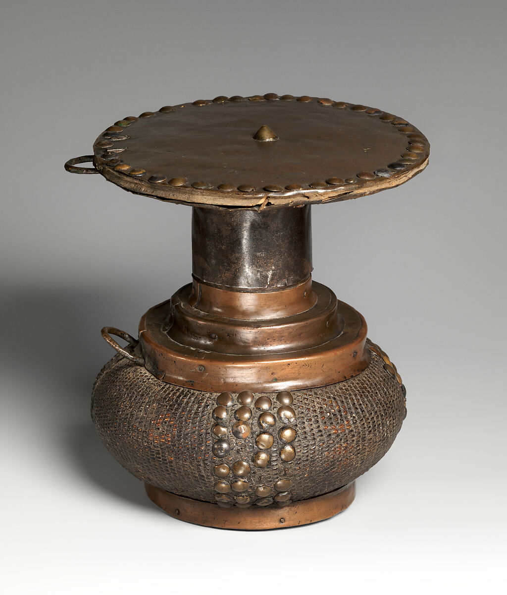 Lidded Gunpowder Container, Wood, copper, reptile skin, nails, Fang