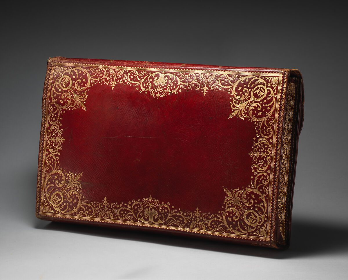 Briefcase (portefeuille or porte documents), Attributed to Nicolas-Denis Derome (French, 1731–1790), Gilt-tooled red morocco leather, gilt bronze and metal locking mechanism; lined with blue silk, French