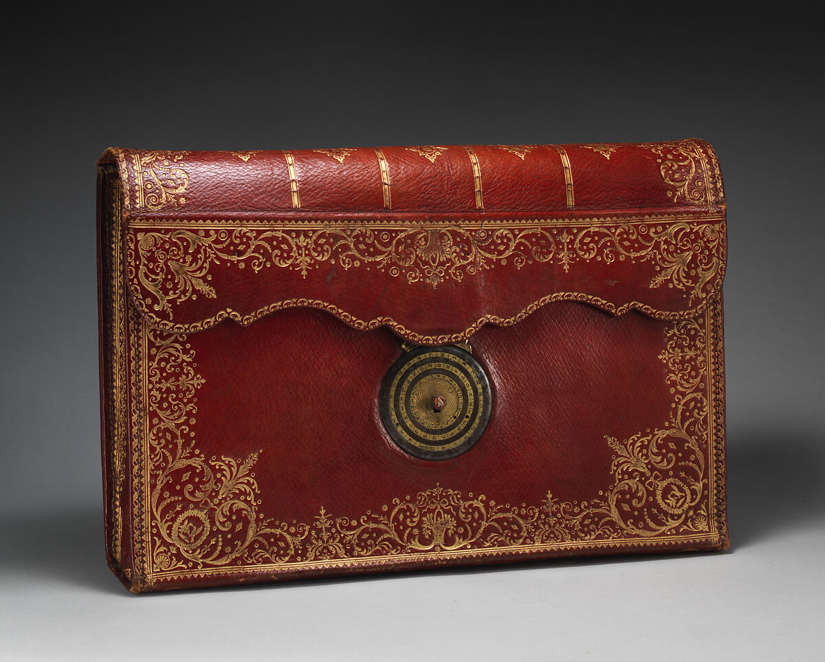 Briefcase (portefeuille or porte documents), Attributed to Nicolas-Denis Derome (French, 1731–1790), Gilt-tooled red morocco leather, gilt bronze and metal locking mechanism; lined with blue silk, French 