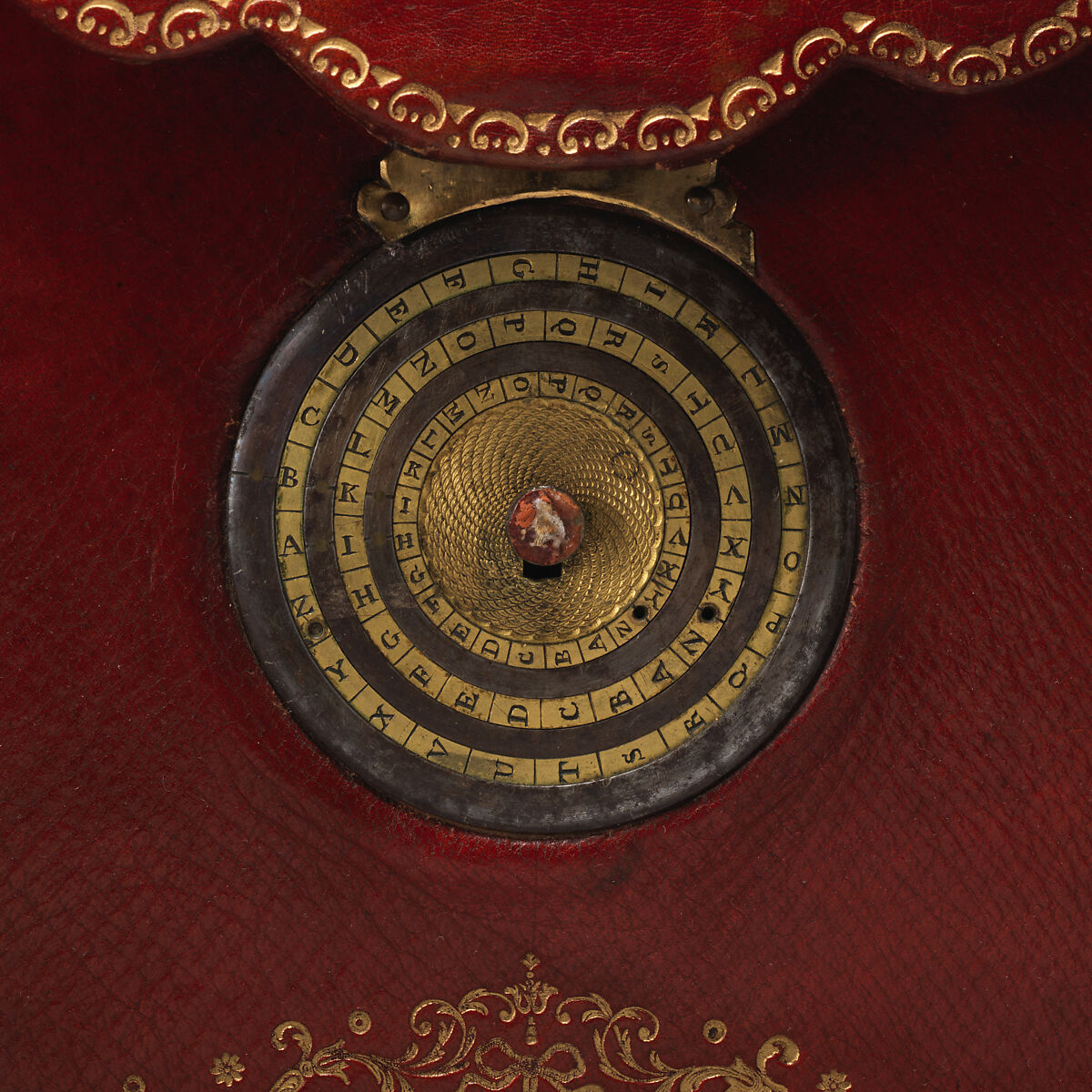 Briefcase (portefeuille or porte documents), Attributed to Nicolas-Denis Derome (French, 1731–1790), Gilt-tooled red morocco leather, gilt bronze and metal locking mechanism; lined with blue silk, French