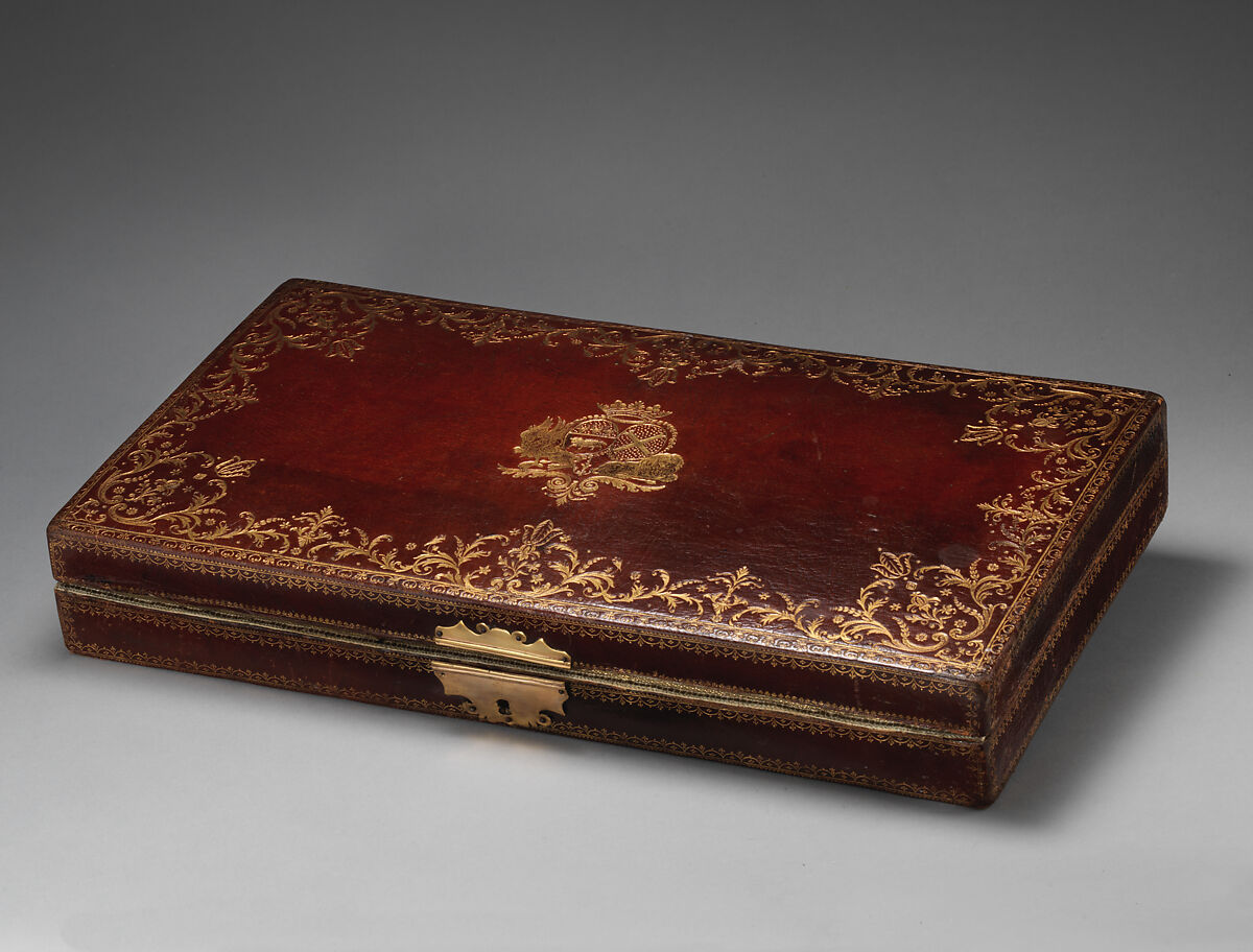 Writing box, Attributed to Nicolas-Denis Derome (French, 1731–1790), Gilt-tooled red morocco leather; pale green silk lining with gold braid, French 