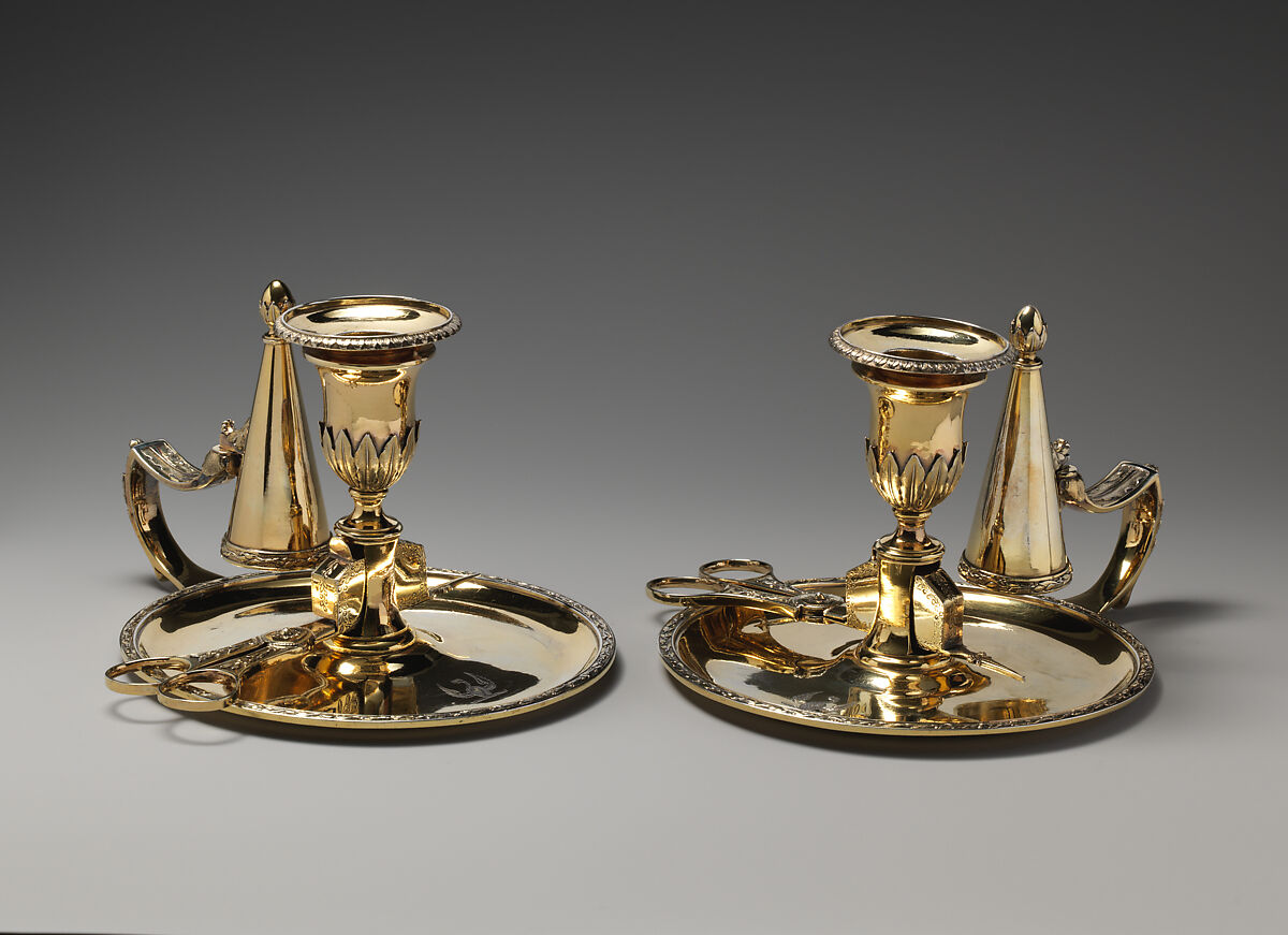 Chamberstick with snuffers (one of a pair), John Scofield (British, active 1776–96), Gilded silver, British, London
