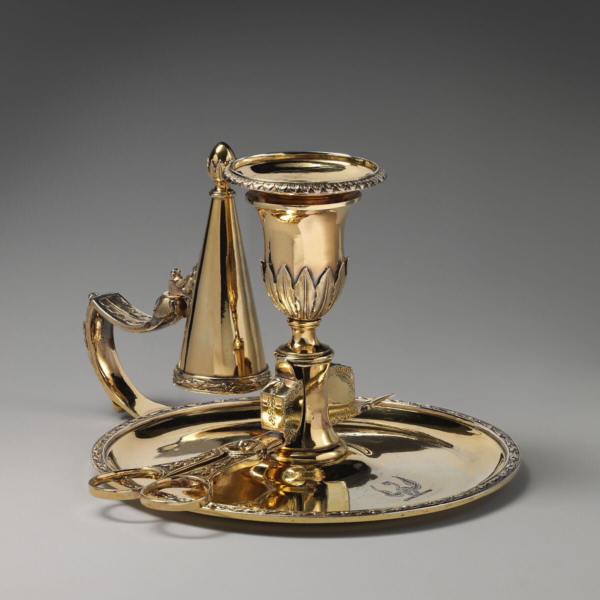 Chamberstick with snuffers (one of a pair), John Scofield (British, active 1776–96), Gilded silver, British, London 