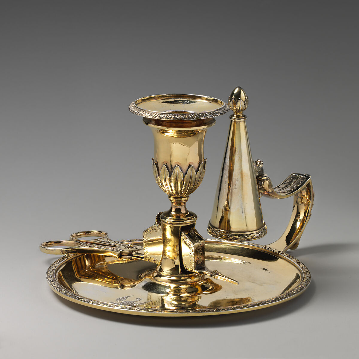 Chamberstick with snuffers (one of a pair), John Scofield (British, active 1776–96), Gilded silver, British, London 