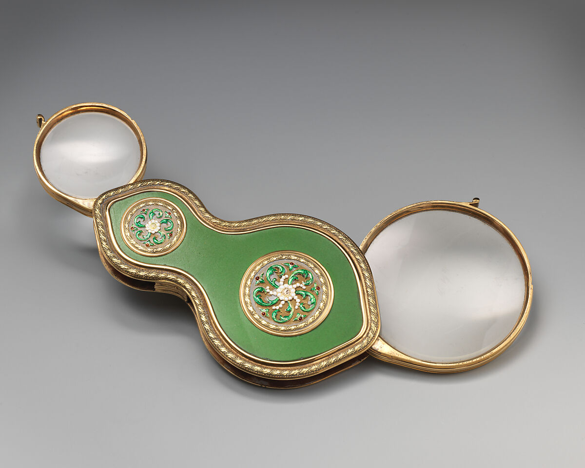 Reading glass with two lenses (loupe), Gold, enamel, glass, French 