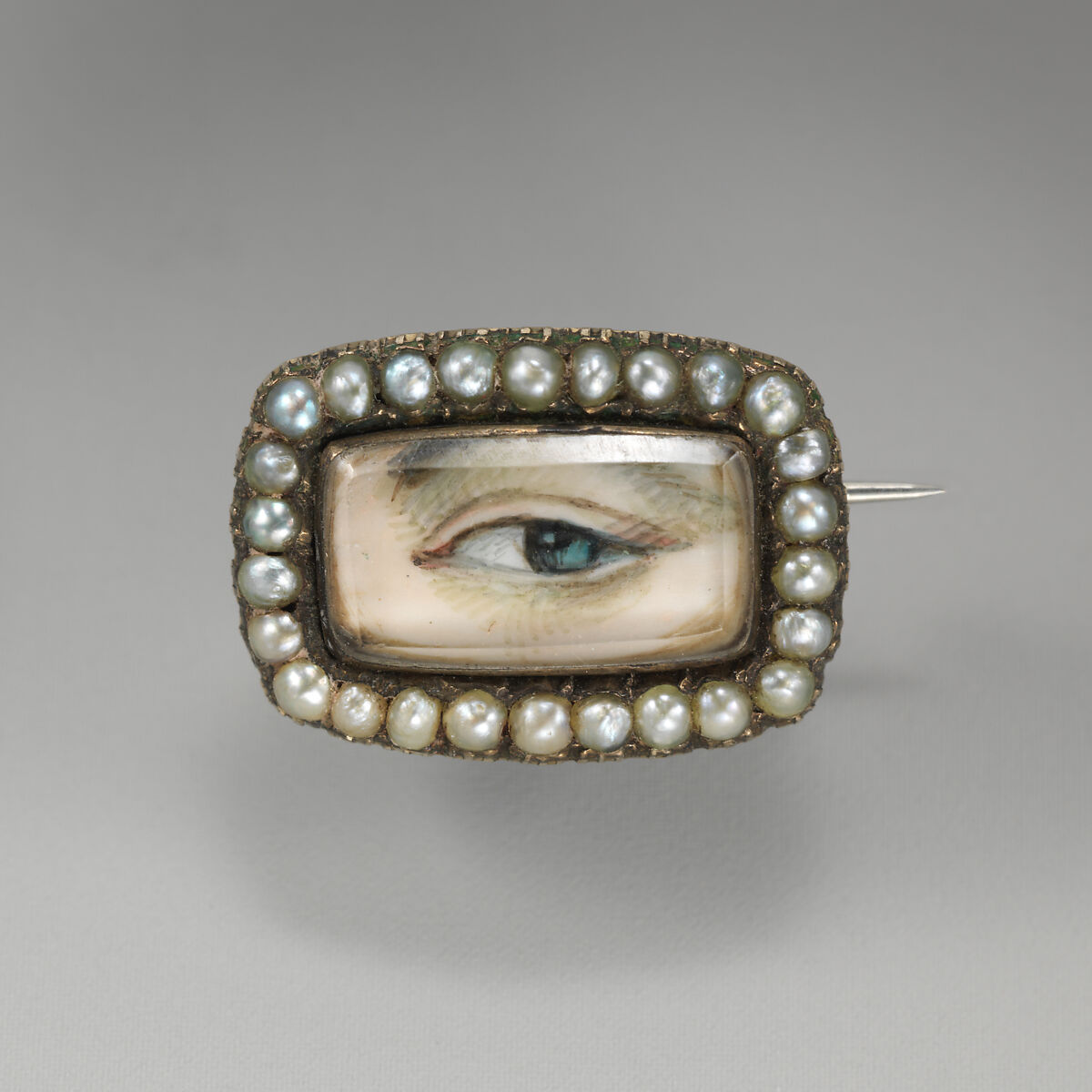 "Eye" brooch, Portrait miniature possibly on ivory; pearls; rock crystal; gold, English 