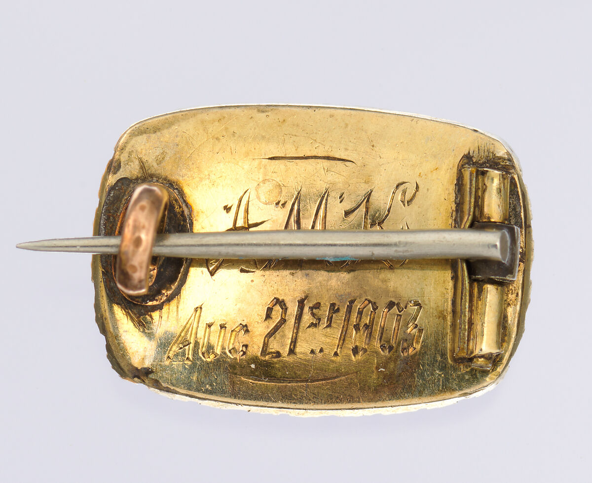 "Eye" brooch, Portrait miniature possibly on ivory; pearls; rock crystal; gold, English