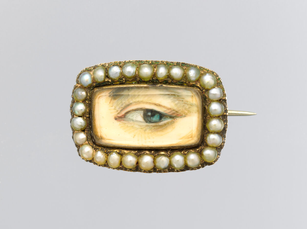 "Eye" brooch, Portrait miniature possibly on ivory; pearls; rock crystal; gold, English
