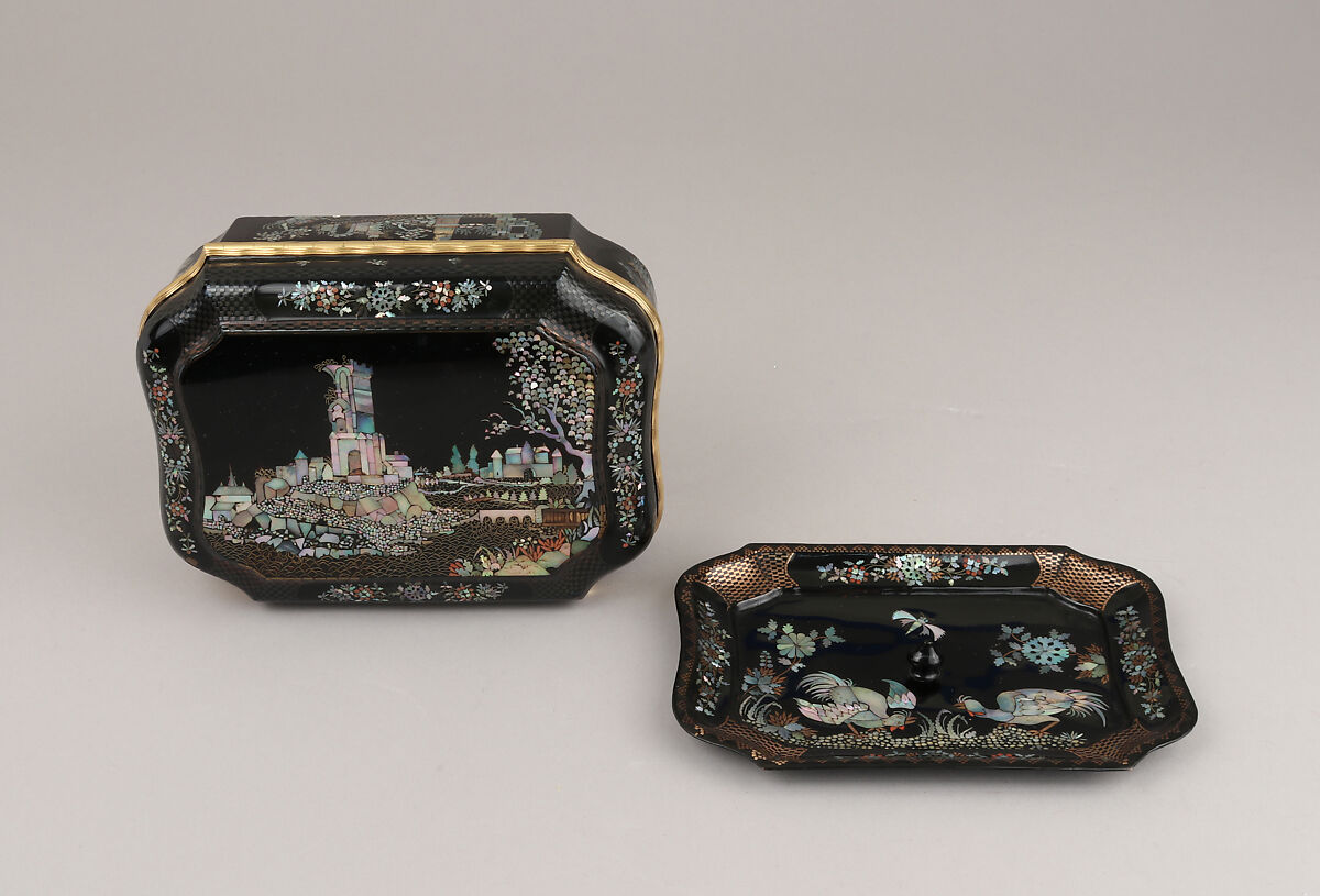 Toilet Box, Johann Martin Heinrici (German, 1711–1786), Lacquered metal inlaid with mother-of-pearl, copper, brass, ray skin, colored stone, gold, German, Dresden